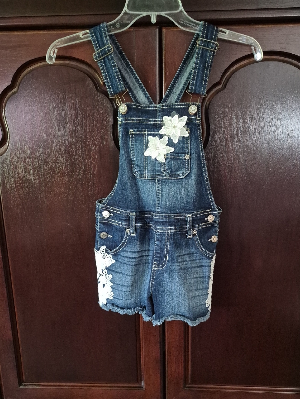 Girls Denim Bib Shorts M(7-8) with Floral Applique And Rhinestones
